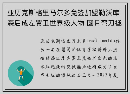 亚历克斯格里马尔多免签加盟勒沃库森后成左翼卫世界级人物 圆月弯刀拯救球队 亚历克斯格里马尔多免签加盟勒沃库森后成左翼卫世界级人物 圆月弯刀拯救球队
