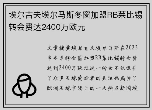 埃尔吉夫埃尔马斯冬窗加盟RB莱比锡转会费达2400万欧元